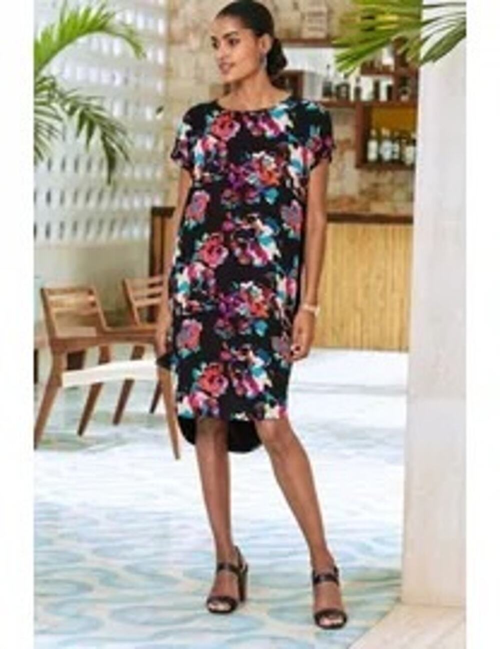 Pure Collection Silk Floral Print Dolman Sleeve Dress Size 6 Black Multi